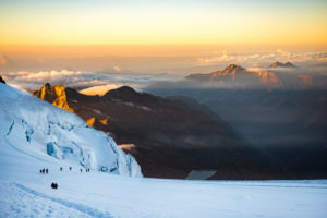 Climber on the Lisgletscher, sunrise, landscape, Monte Rosa, Italy Climber on the Lisgletscher, sunrise, landscape, Monte Rosa, Italy